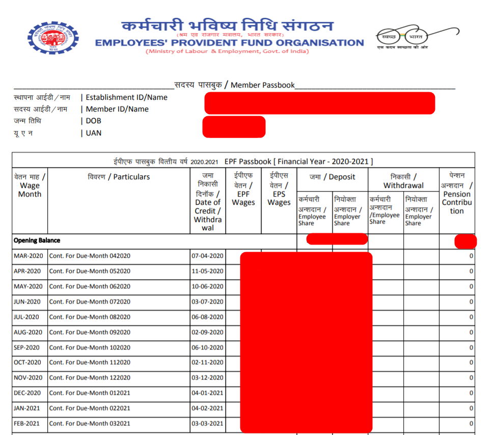 EPFO Passbook for Members UAN PF Passbook